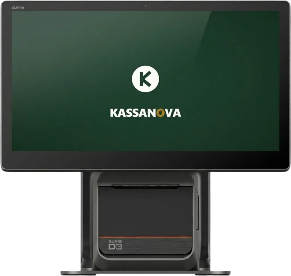 Kassanova Registrierkassa auf einem Sunmi D3 mit 15,6-Zoll-Display und integriertem Bondrucker